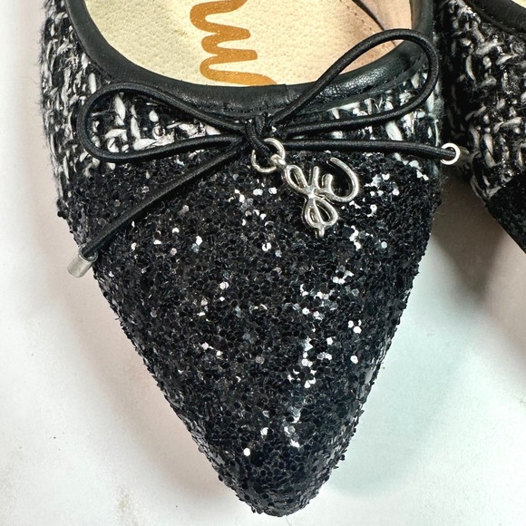 Sam Edelman Black Leather Tweed Glitter Pointed Toe Bow Flats Size 9 Preppy - Picture 5 of 7